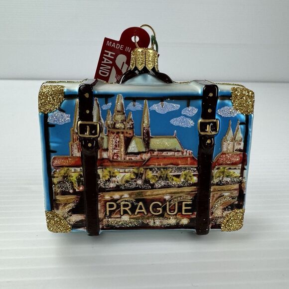 Prague Suitcase Christmas Ornament Mouth Blown Glass Hand Painted Poland - Picture 1 of 9